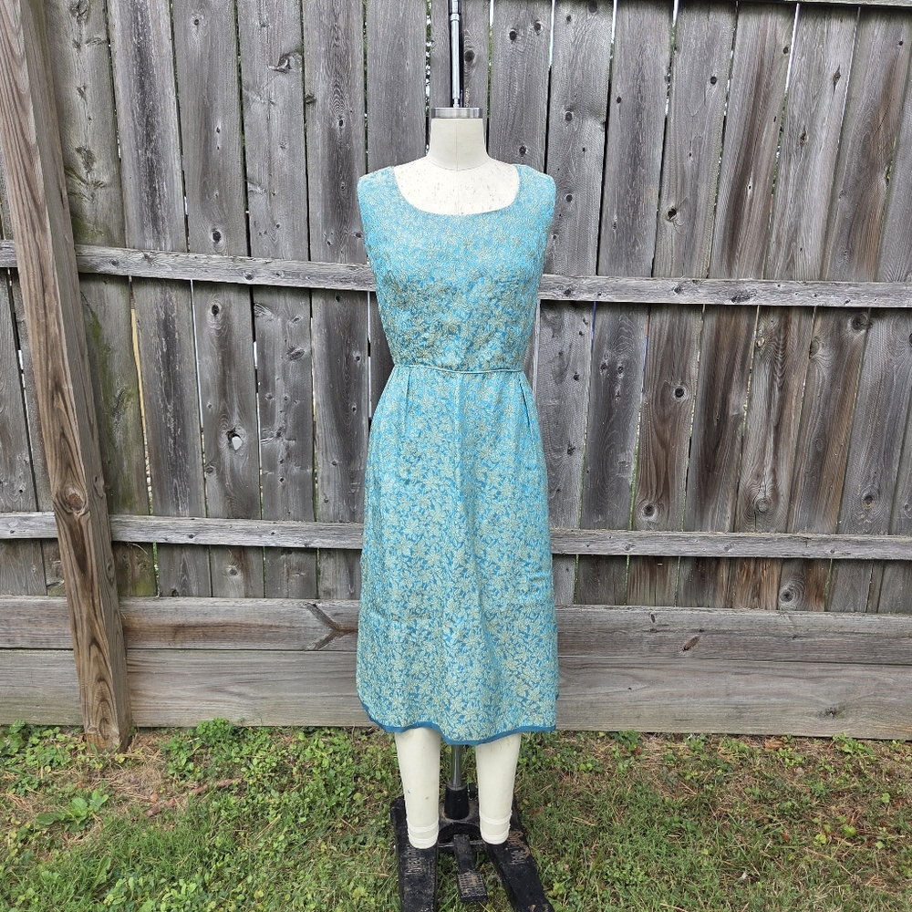 1960s Blue & Gold Brocade Cocktail Dress